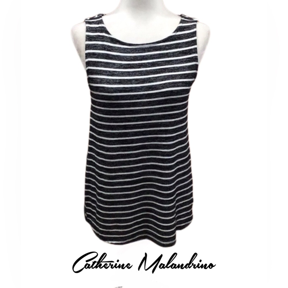 CATHERINE MALANDRINO Striped Tunic Tank Top, Cross-Over Back, Black/White, Small